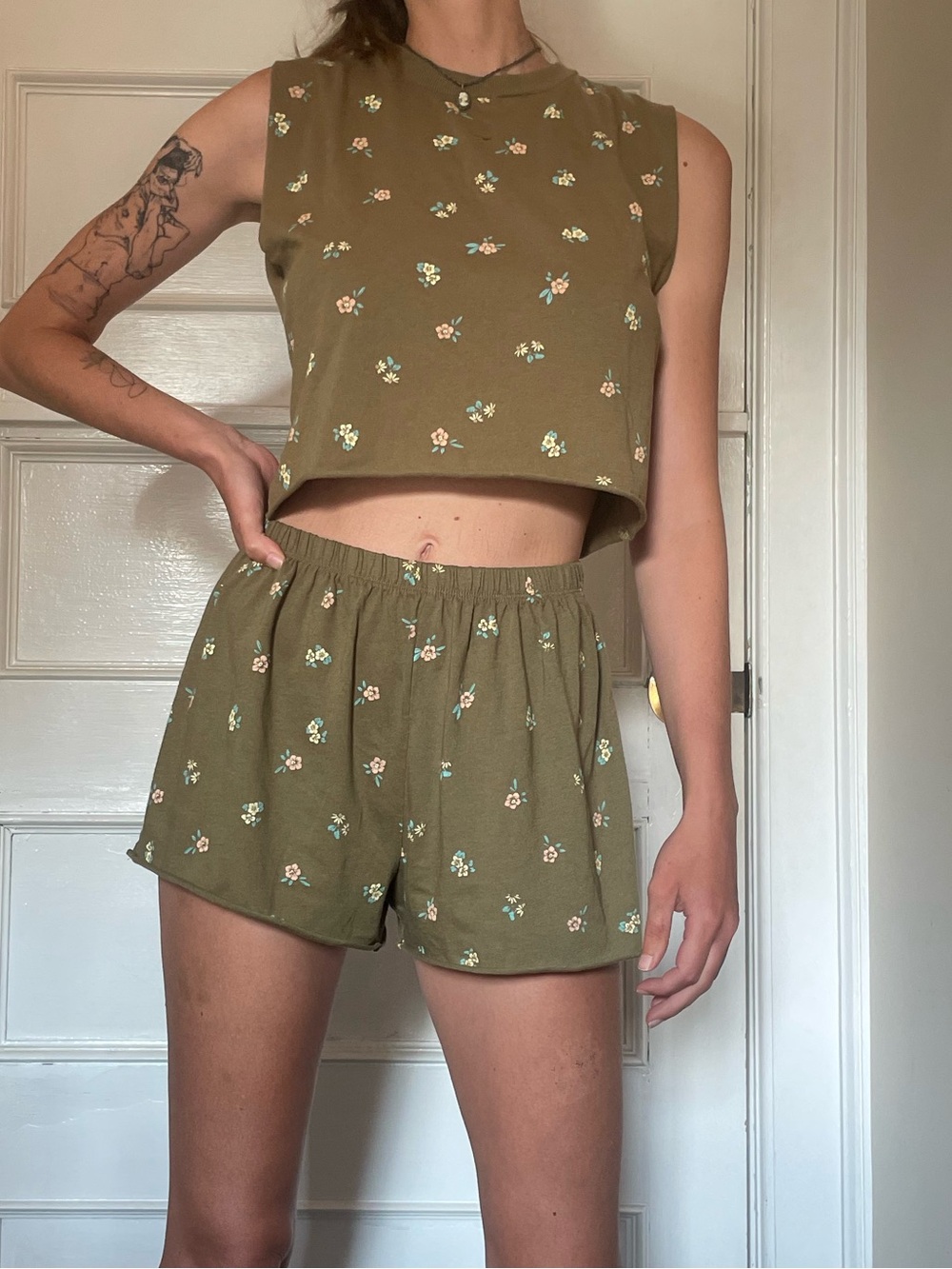 Olive Floral Women's Athletic Lounge Matching Shorts Set